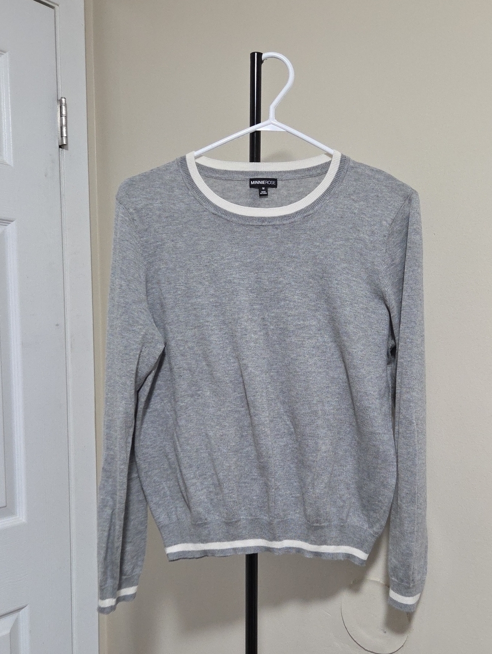 Minnie Rose Cotton Blend Gray Crewneck Sweater with White Trim